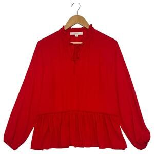 LOFT Blouse Womens Small Red Ruffle Peplum Long Sleeve Top Keyhole Holiday Sheer